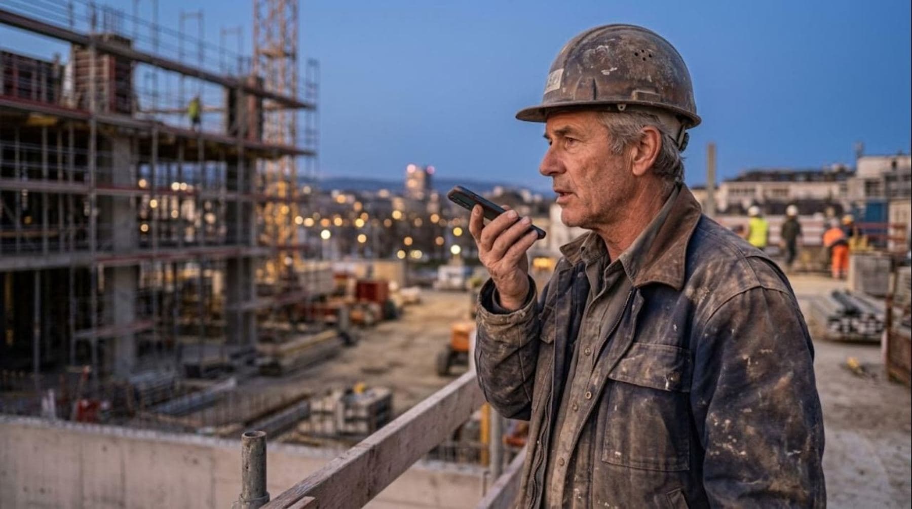 Un chef de chantier dicte une consigne depuis son téléphone