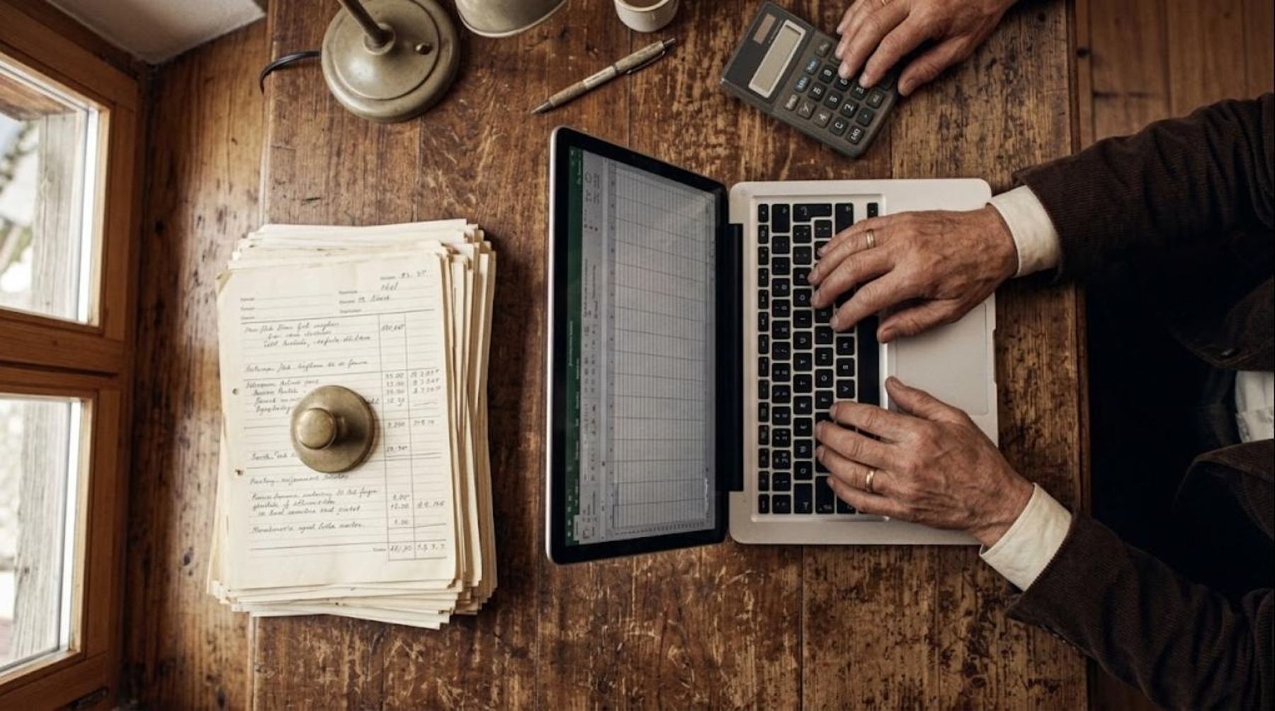 Formulaires papier retraités à la main, calculatrice et tableur
